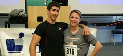 Durham College student Matt Hack, Nicole Mastnak, posing after placing first in the male and female categories at the Campus Charity Walk and Run