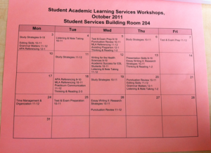 Student Academic Learning Services workshop schedule October 2011